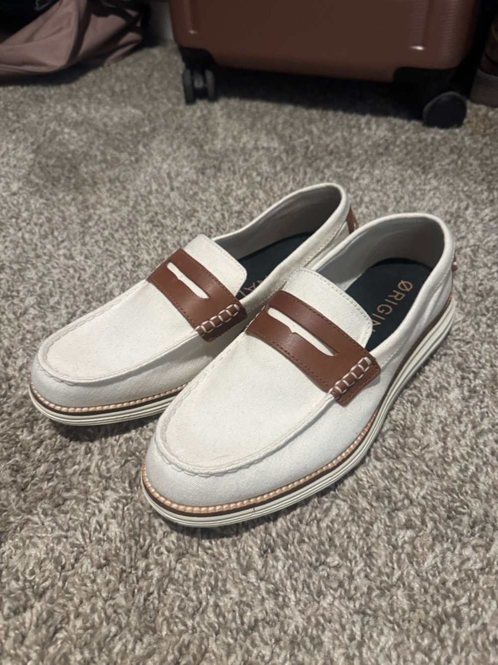 Cole Haan White Canvas Penny Loafers with Brown Strap